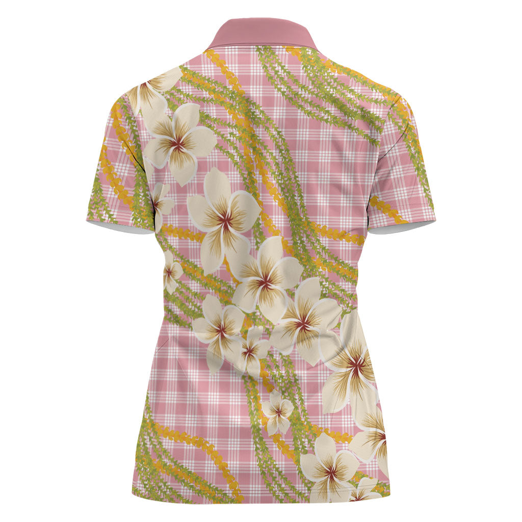 Akala Hamele Palaka Plumeria Women Polo Shirt Puakenikeni and Maile Lei