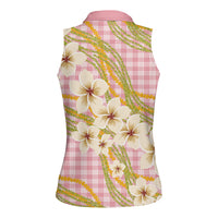 Akala Hamele Palaka Plumeria Women Sleeveless Polo Shirt Puakenikeni and Maile Lei