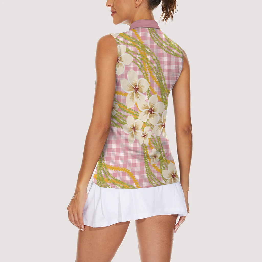 Akala Hamele Palaka Plumeria Women Sleeveless Polo Shirt Puakenikeni and Maile Lei