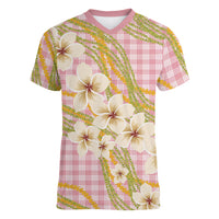 Akala Hamele Palaka Plumeria Women V-Neck T-Shirt Puakenikeni and Maile Lei
