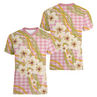 Akala Hamele Palaka Plumeria Women V-Neck T-Shirt Puakenikeni and Maile Lei