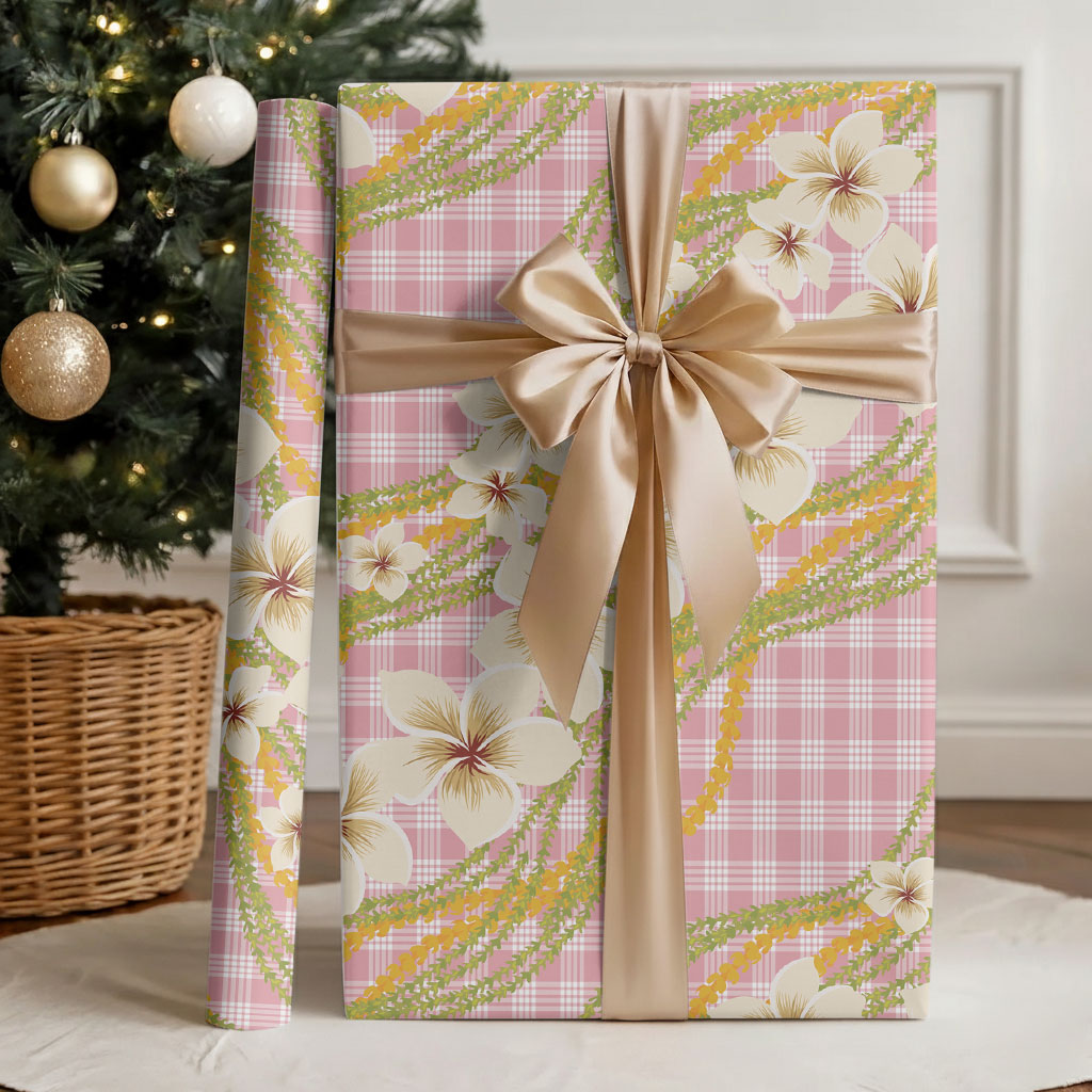 Akala Hamele Palaka Plumeria Wrapping Paper Puakenikeni and Maile Lei