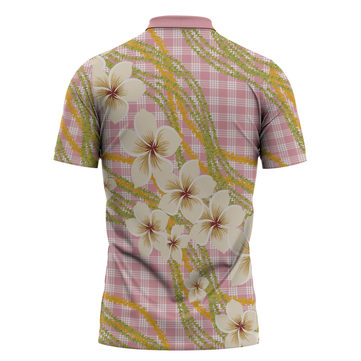 Akala Hamele Palaka Plumeria Zipper Polo Shirt Puakenikeni and Maile Lei