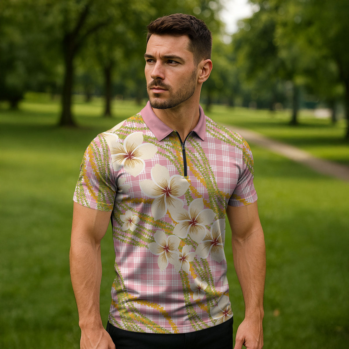 Akala Hamele Palaka Plumeria Zipper Polo Shirt Puakenikeni and Maile Lei