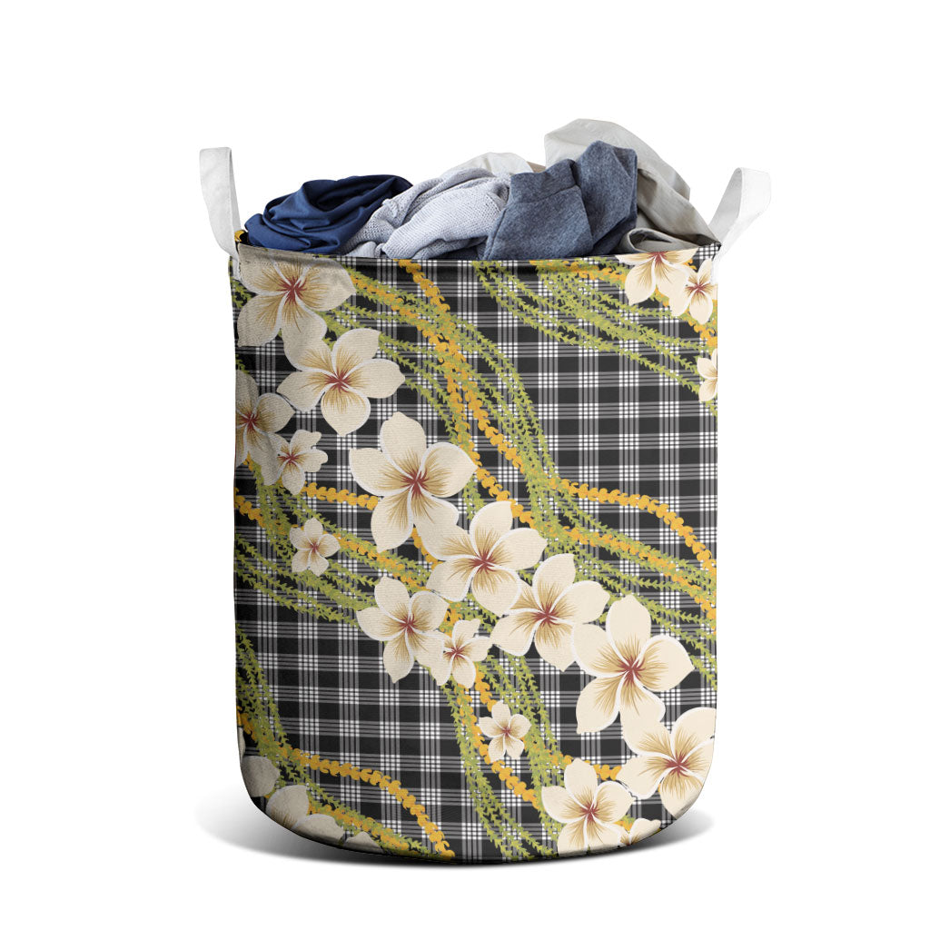 Ele'ele Hawai'i Palaka Plumeria Laundry Basket Puakenikeni and Maile Lei