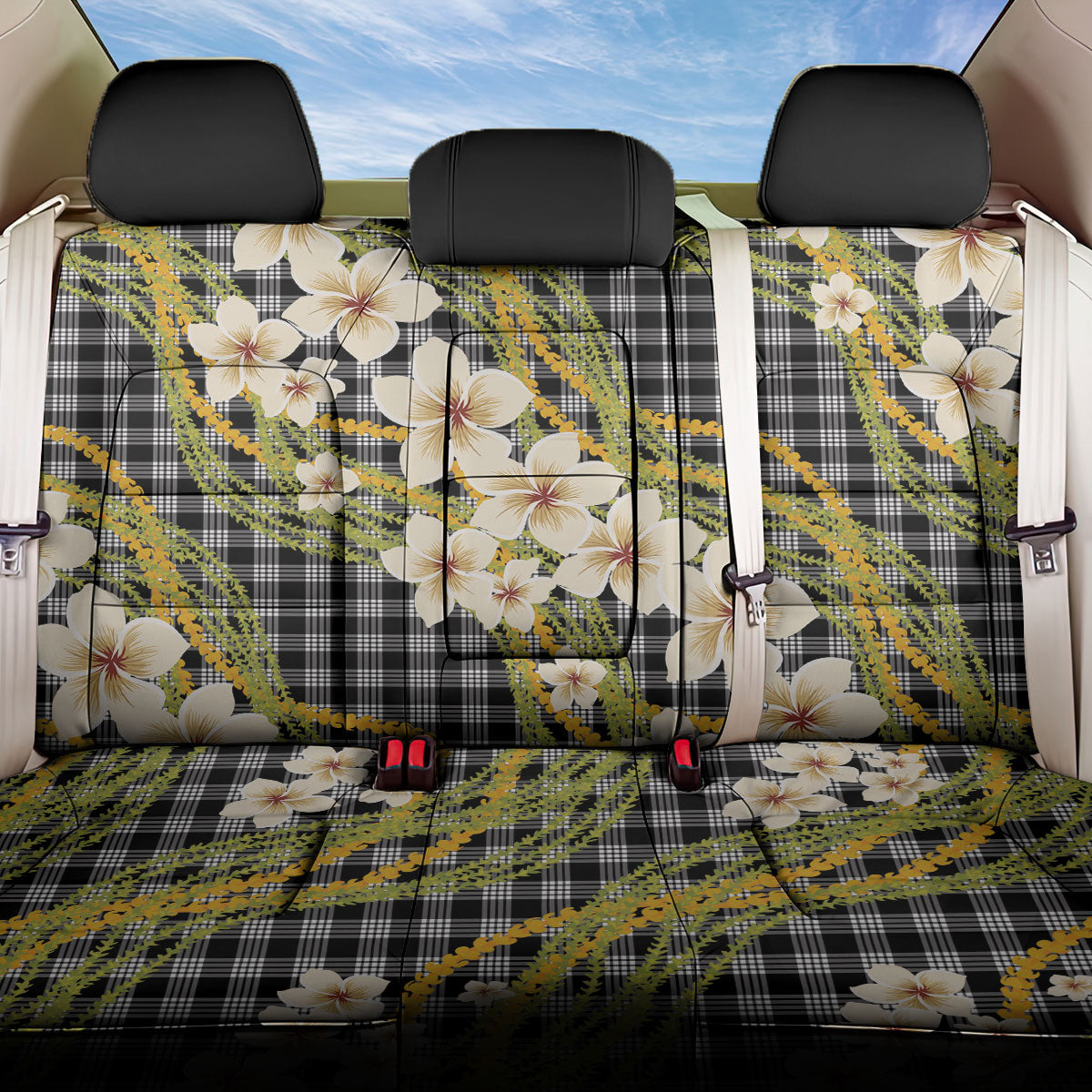 Ele'ele Hawai'i Palaka Plumeria Back Car Seat Cover Puakenikeni and Maile Lei