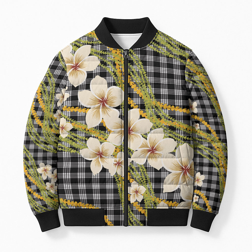 Ele'ele Hawai'i Palaka Plumeria Bomber Puffer Jacket Puakenikeni and Maile Lei LT9 Unisex Black - Polynesian Pride
