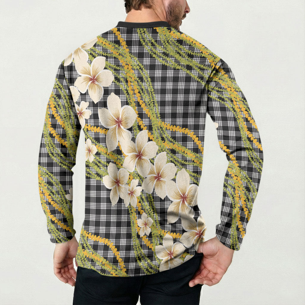 Ele'ele Hawai'i Palaka Plumeria Button Sweatshirt Puakenikeni and Maile Lei