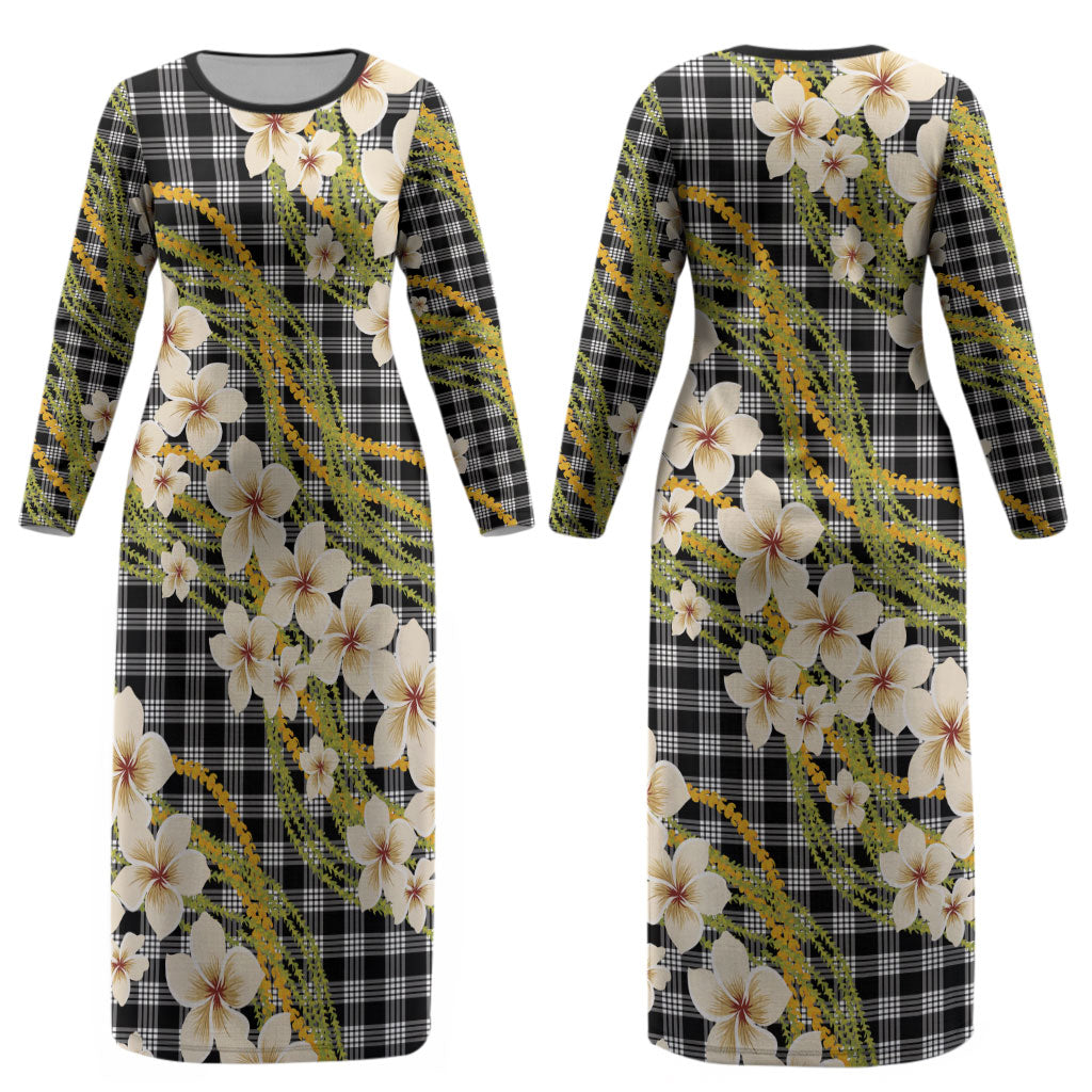 Ele'ele Hawai'i Palaka Plumeria Couples Matching Long Sleeve Bodycon Dress and Hawaiian Shirt Puakenikeni and Maile Lei