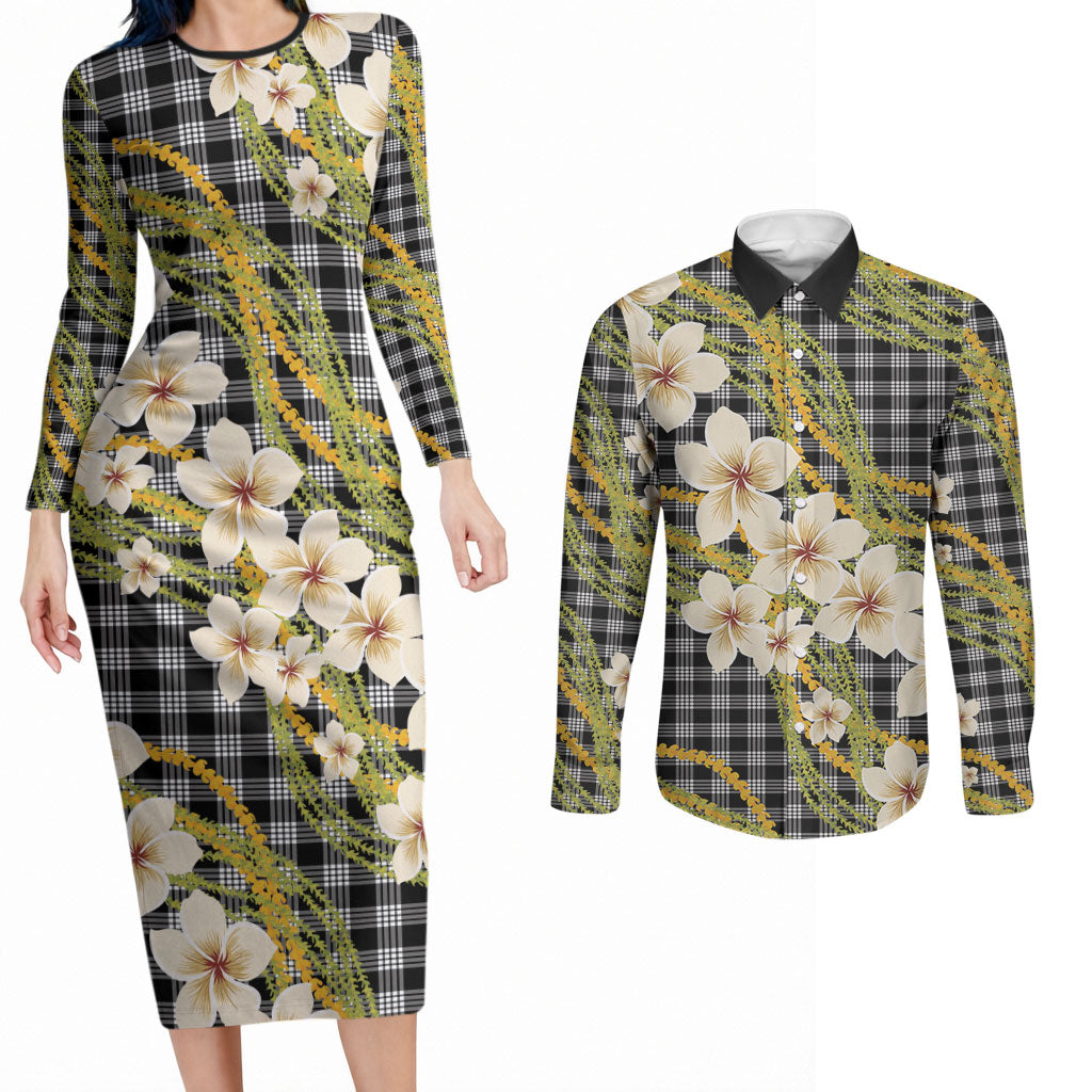 Ele'ele Hawai'i Palaka Plumeria Couples Matching Long Sleeve Bodycon Dress and Long Sleeve Button Shirt Puakenikeni and Maile Lei