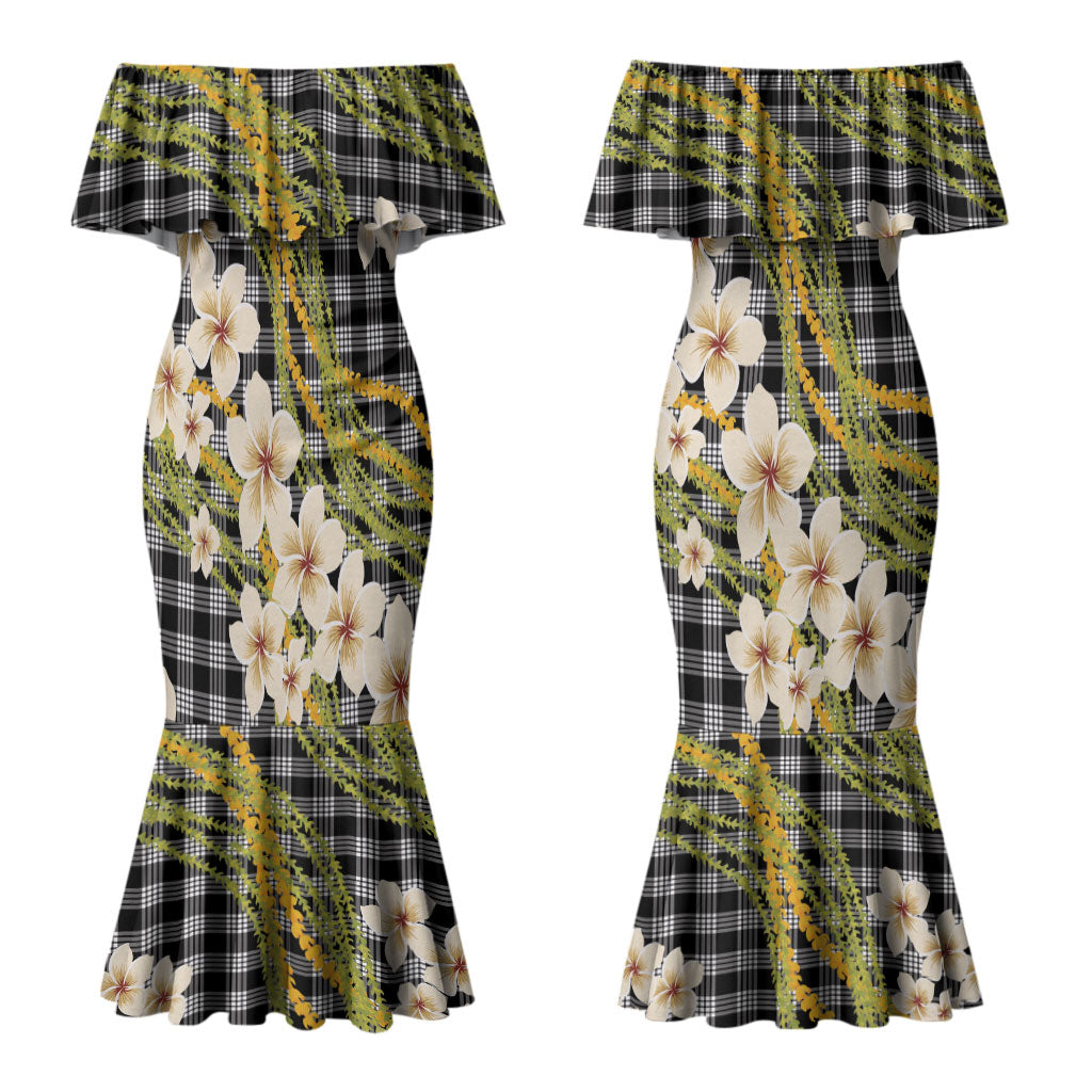 Ele'ele Hawai'i Palaka Plumeria Couples Matching Mermaid Dress and Hawaiian Shirt Puakenikeni and Maile Lei