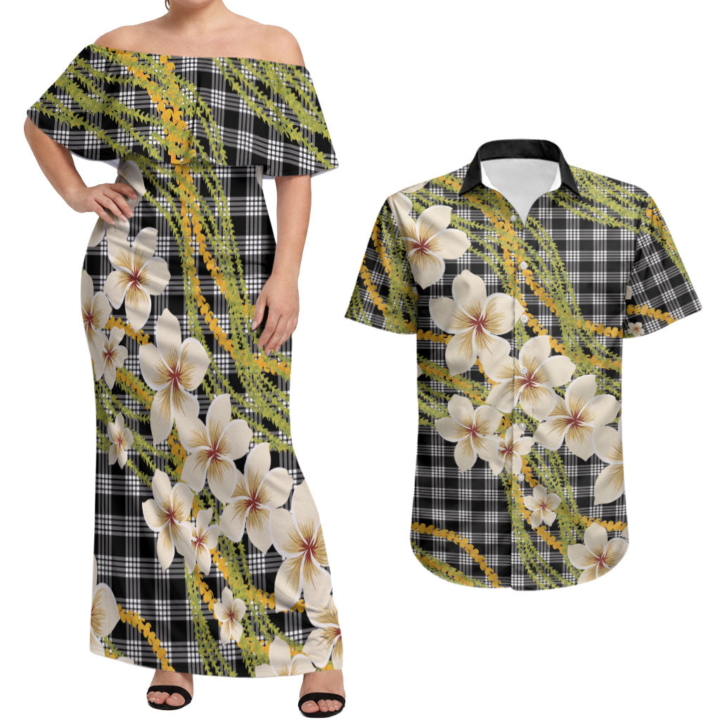 Ele'ele Hawai'i Palaka Plumeria Couples Matching Off Shoulder Maxi Dress and Hawaiian Shirt Puakenikeni and Maile Lei