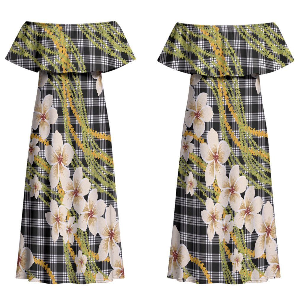 Ele'ele Hawai'i Palaka Plumeria Couples Matching Off Shoulder Maxi Dress and Hawaiian Shirt Puakenikeni and Maile Lei