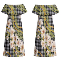Ele'ele Hawai'i Palaka Plumeria Couples Matching Off Shoulder Maxi Dress and Hawaiian Shirt Puakenikeni and Maile Lei
