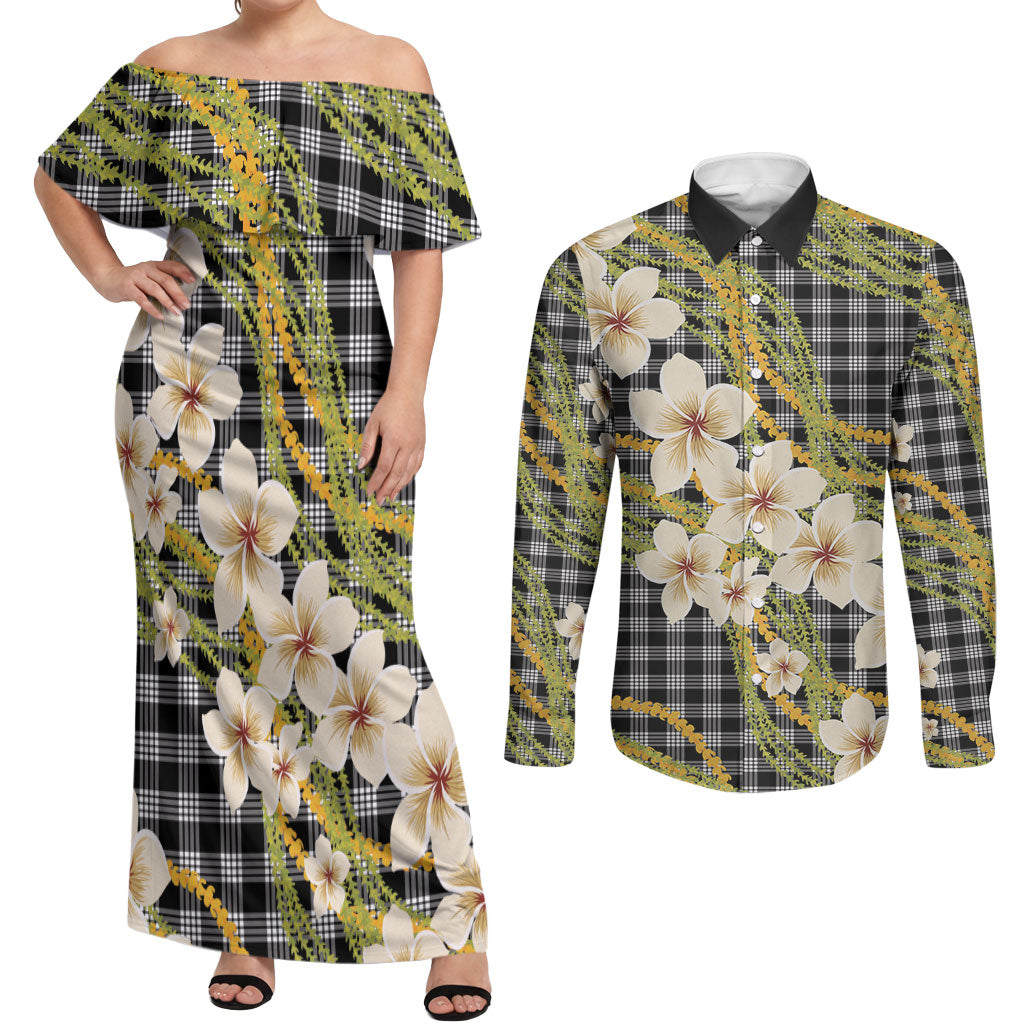 Ele'ele Hawai'i Palaka Plumeria Couples Matching Off Shoulder Maxi Dress and Long Sleeve Button Shirt Puakenikeni and Maile Lei