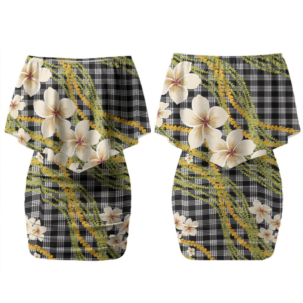 Ele'ele Hawai'i Palaka Plumeria Couples Matching Off Shoulder Short Dress and Hawaiian Shirt Puakenikeni and Maile Lei