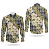 Ele'ele Hawai'i Palaka Plumeria Couples Matching Off Shoulder Short Dress and Long Sleeve Button Shirt Puakenikeni and Maile Lei