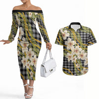 Ele'ele Hawai'i Palaka Plumeria Couples Matching Off The Shoulder Long Sleeve Dress and Hawaiian Shirt Puakenikeni and Maile Lei