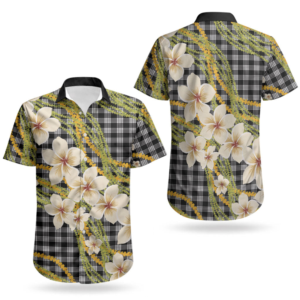 Ele'ele Hawai'i Palaka Plumeria Couples Matching Off The Shoulder Long Sleeve Dress and Hawaiian Shirt Puakenikeni and Maile Lei