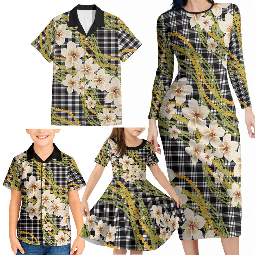 Ele'ele Hawai'i Palaka Plumeria Family Matching Long Sleeve Bodycon Dress and Hawaiian Shirt Puakenikeni and Maile Lei