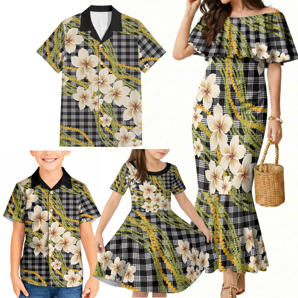 Ele'ele Hawai'i Palaka Plumeria Family Matching Mermaid Dress and Hawaiian Shirt Puakenikeni and Maile Lei