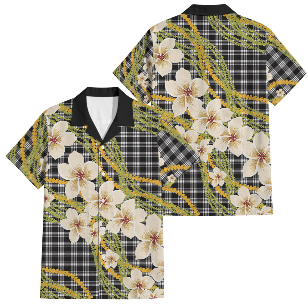 Ele'ele Hawai'i Palaka Plumeria Family Matching Off The Shoulder Long Sleeve Dress and Hawaiian Shirt Puakenikeni and Maile Lei