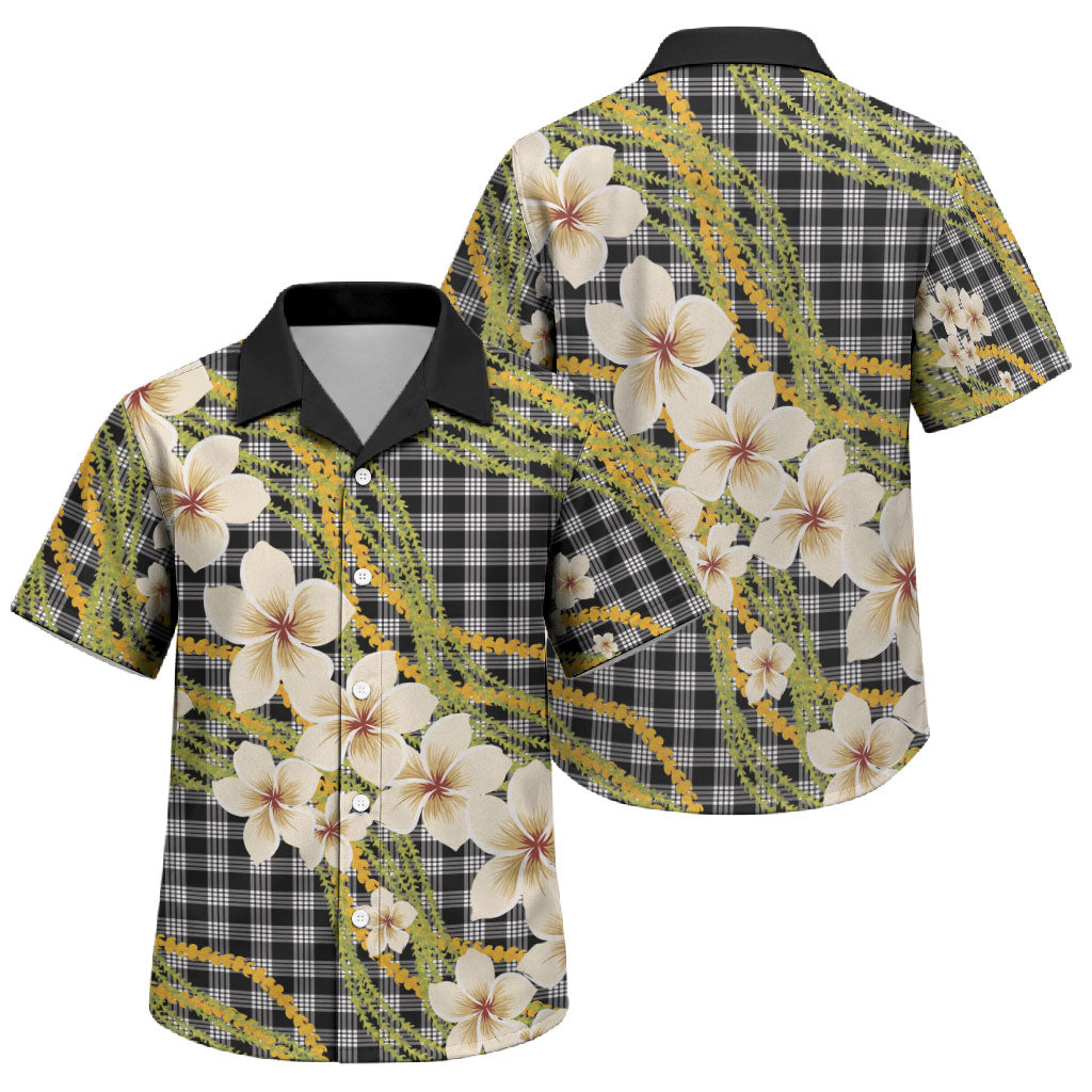 Ele'ele Hawai'i Palaka Plumeria Family Matching Off The Shoulder Long Sleeve Dress and Hawaiian Shirt Puakenikeni and Maile Lei