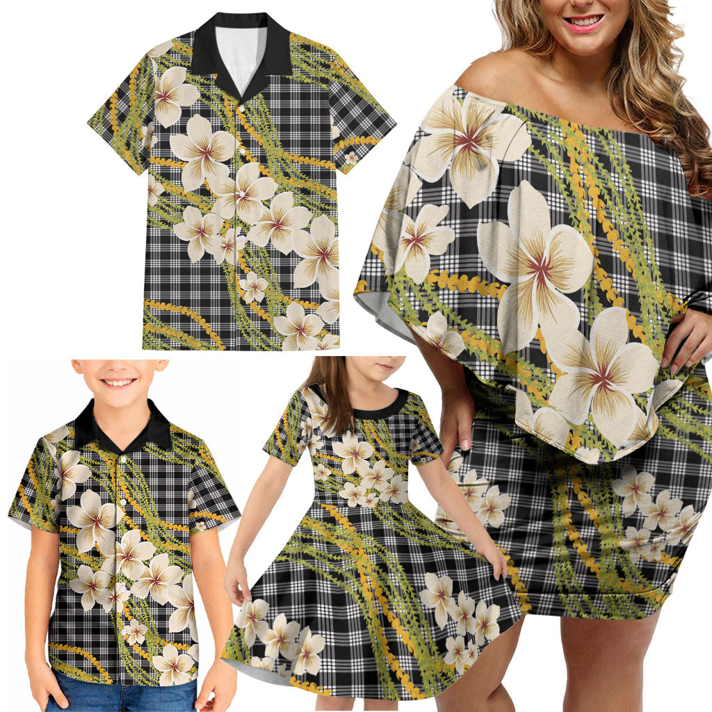 Ele'ele Hawai'i Palaka Plumeria Family Matching Off Shoulder Short Dress and Hawaiian Shirt Puakenikeni and Maile Lei