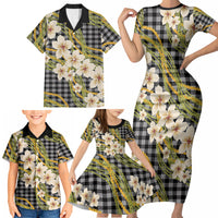 Ele'ele Hawai'i Palaka Plumeria Family Matching Short Sleeve Bodycon Dress and Hawaiian Shirt Puakenikeni and Maile Lei