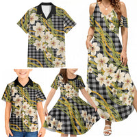 Ele'ele Hawai'i Palaka Plumeria Family Matching Summer Maxi Dress and Hawaiian Shirt Puakenikeni and Maile Lei