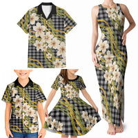 Ele'ele Hawai'i Palaka Plumeria Family Matching Tank Maxi Dress and Hawaiian Shirt Puakenikeni and Maile Lei
