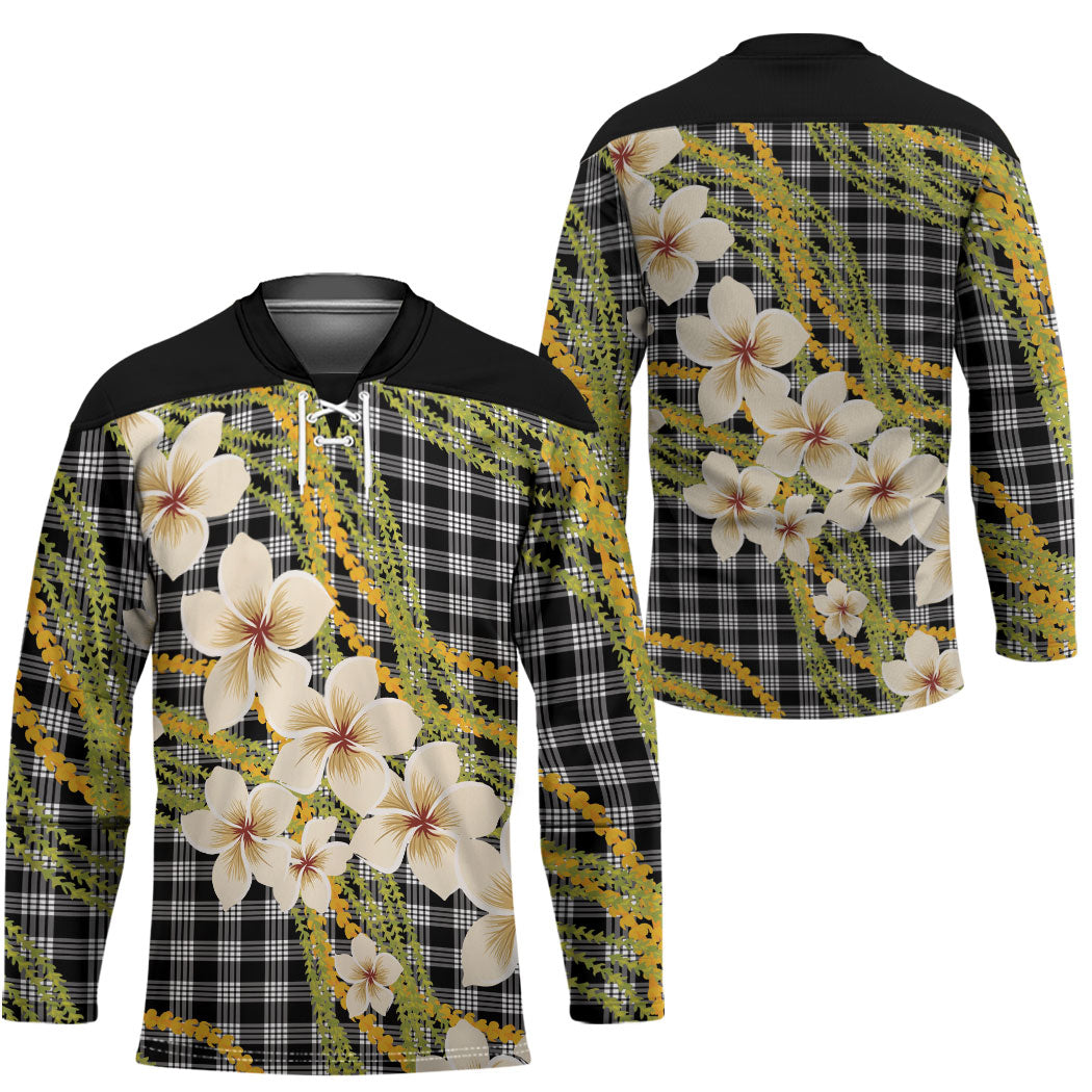 Ele'ele Hawai'i Palaka Plumeria Hockey Jersey Puakenikeni and Maile Lei