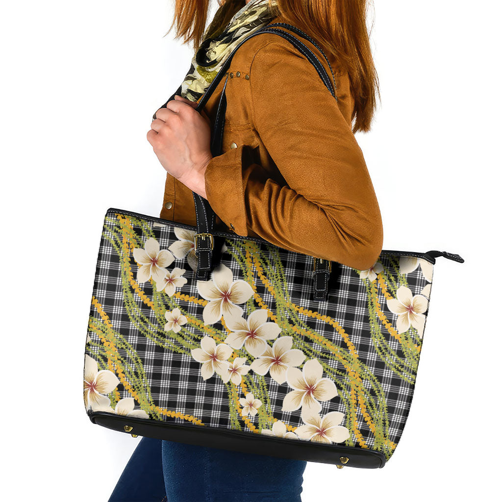 Ele'ele Hawai'i Palaka Plumeria Leather Tote Bag Puakenikeni and Maile Lei