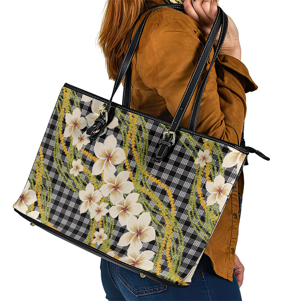 Ele'ele Hawai'i Palaka Plumeria Leather Tote Bag Puakenikeni and Maile Lei