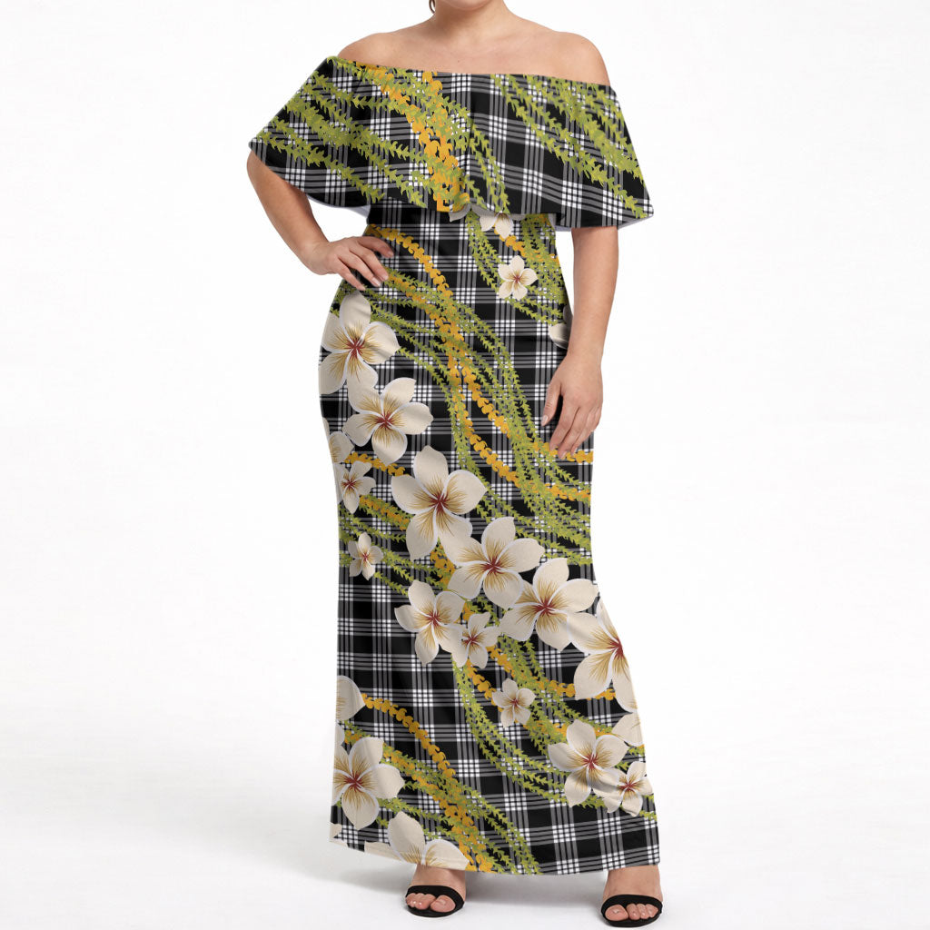 Ele'ele Hawai'i Palaka Plumeria Off Shoulder Maxi Dress Puakenikeni and Maile Lei