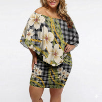 Ele'ele Hawai'i Palaka Plumeria Off Shoulder Short Dress Puakenikeni and Maile Lei