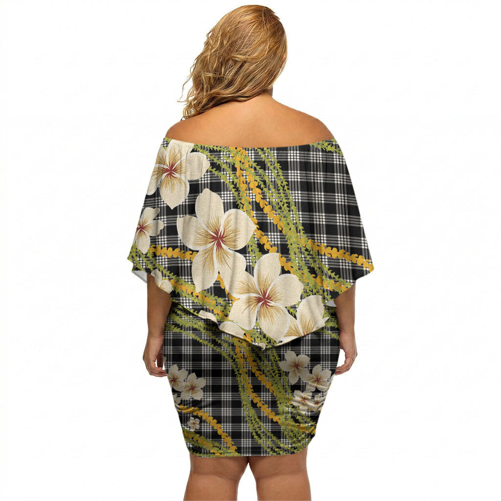 Ele'ele Hawai'i Palaka Plumeria Off Shoulder Short Dress Puakenikeni and Maile Lei