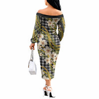 Ele'ele Hawai'i Palaka Plumeria Off The Shoulder Long Sleeve Dress Puakenikeni and Maile Lei