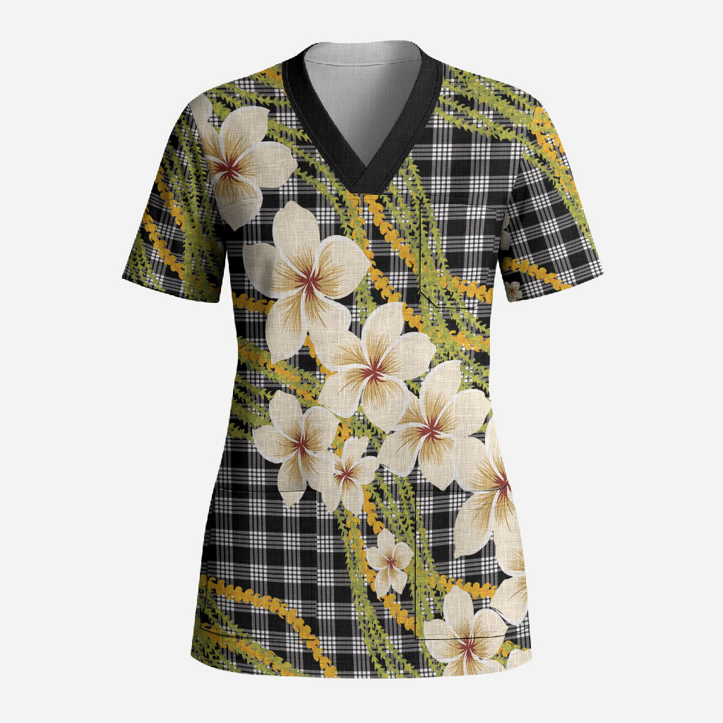 Ele'ele Hawai'i Palaka Plumeria Scrub Top Puakenikeni and Maile Lei LT9 Adult Black - Polynesian Pride