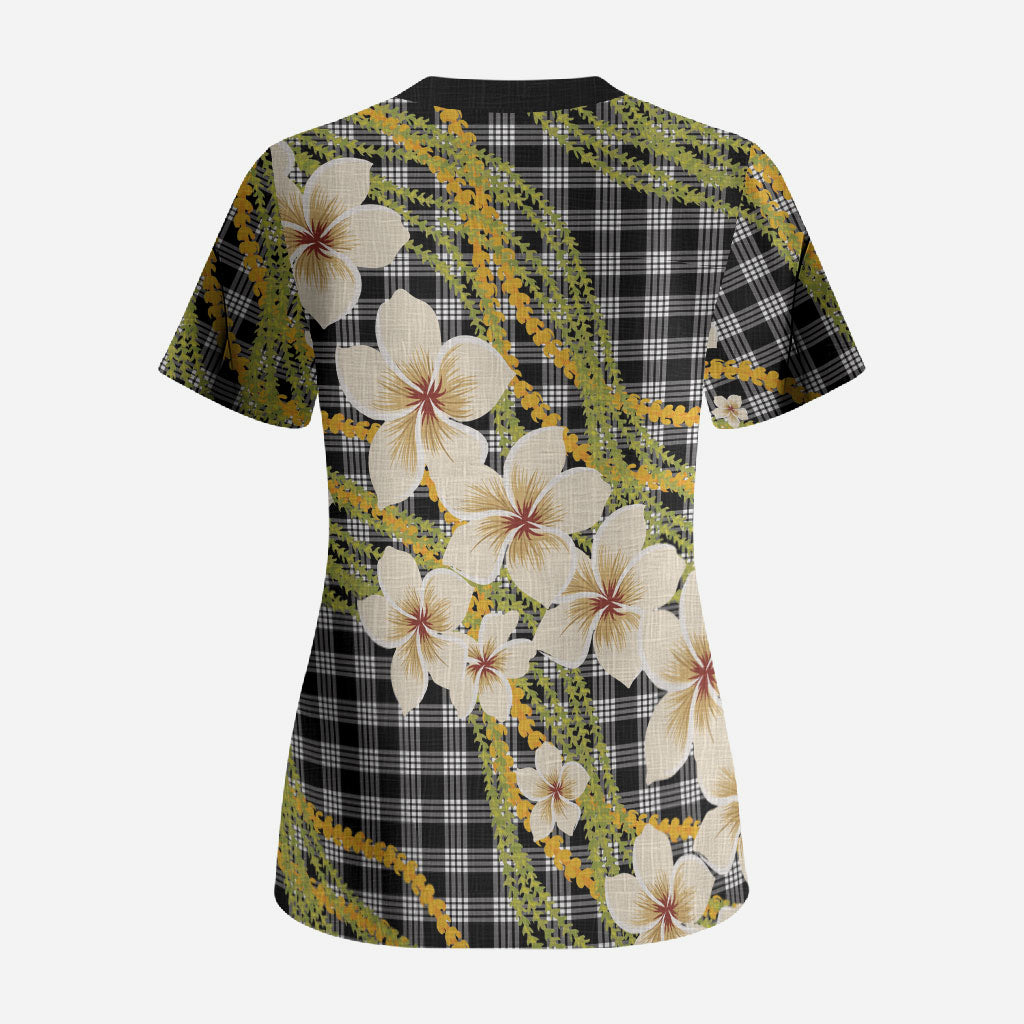 Ele'ele Hawai'i Palaka Plumeria Scrub Top Puakenikeni and Maile Lei