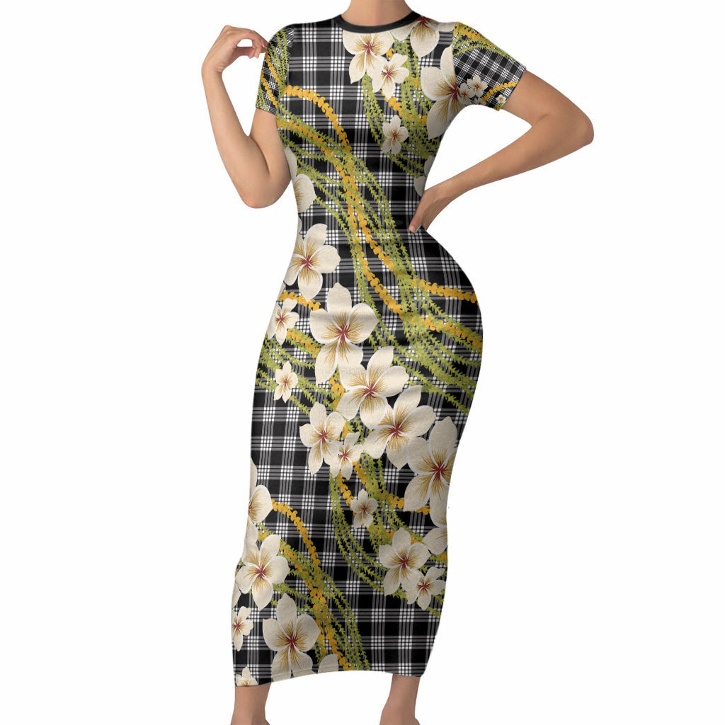 Ele'ele Hawai'i Palaka Plumeria Short Sleeve Bodycon Dress Puakenikeni and Maile Lei