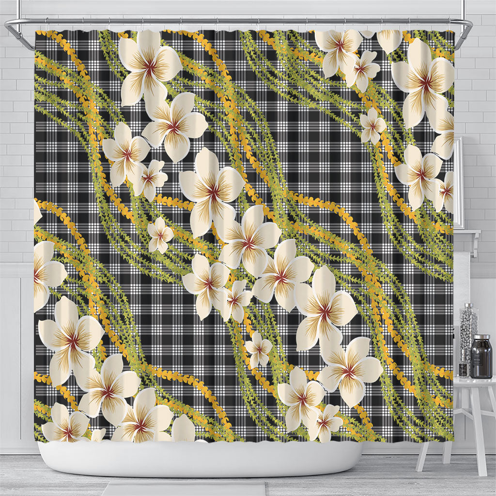 Ele'ele Hawai'i Palaka Plumeria Shower Curtain Puakenikeni and Maile Lei
