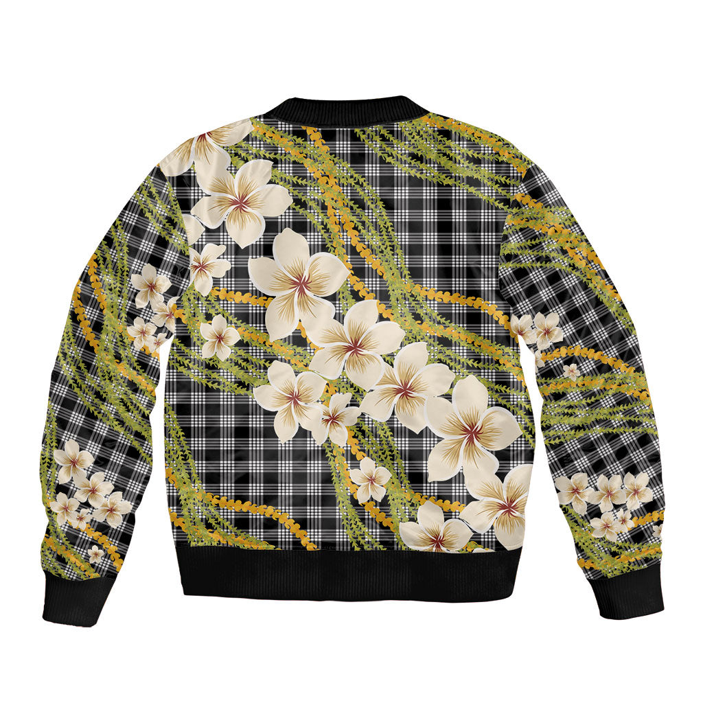 Ele'ele Hawai'i Palaka Plumeria Sleeve Zip Bomber Jacket Puakenikeni and Maile Lei