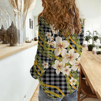 Ele'ele Hawai'i Palaka Plumeria Women Casual Shirt Puakenikeni and Maile Lei