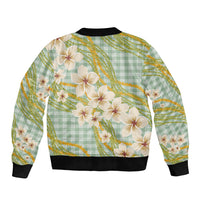 Liko Kukui Hawai'i Palaka Plumeria Bomber Jacket Puakenikeni and Maile Lei