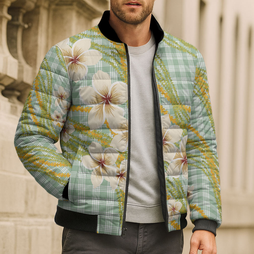 Liko Kukui Hawai'i Palaka Plumeria Bomber Puffer Jacket Puakenikeni and Maile Lei