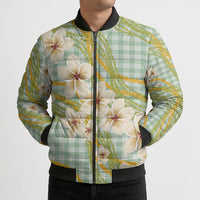 Liko Kukui Hawai'i Palaka Plumeria Bomber Puffer Jacket Puakenikeni and Maile Lei