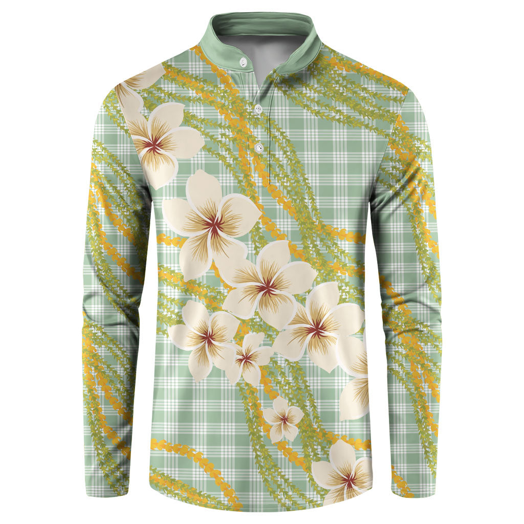 Liko Kukui Hawai'i Palaka Plumeria Button Sweatshirt Puakenikeni and Maile Lei LT9 Sage Green - Polynesian Pride