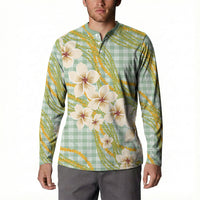 Liko Kukui Hawai'i Palaka Plumeria Button Sweatshirt Puakenikeni and Maile Lei
