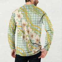 Liko Kukui Hawai'i Palaka Plumeria Button Sweatshirt Puakenikeni and Maile Lei
